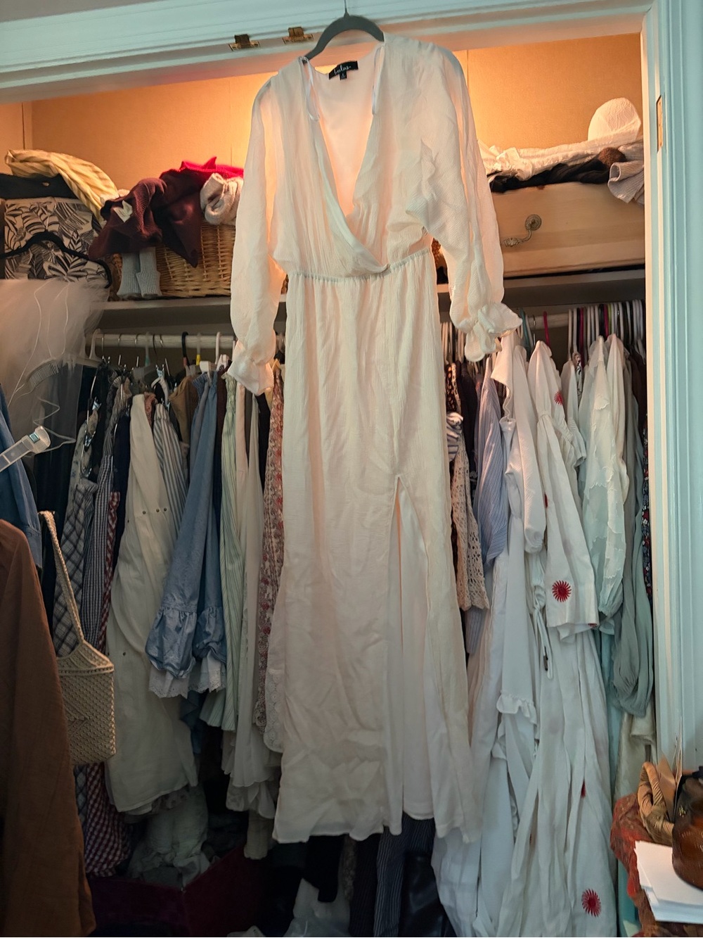 Lulu's White Surplice Long Sleeve Maxi Dress with Front Slit
